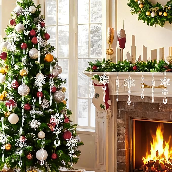 20pcs Christmas Ornaments Christmas Tree Decorations Hanging Acrylic Snowflake Icicle Crystal Ornaments with Drop Pendarts for Christmas Decorations Indoor Xmas Tree Winter New Year Party Supplies