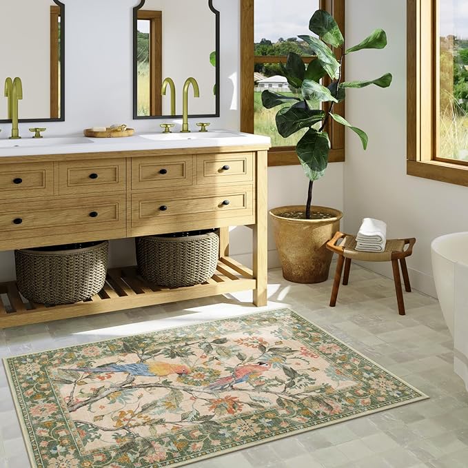 Lahome Botanical Birds 3x5 Green Washable Kitchen Rugs for Bathroom, Boho Entryway Rug for Bedroom, Vintage Soft Non Slip Indoor Carpet for Living Room Front Door (3x5ft,Green)