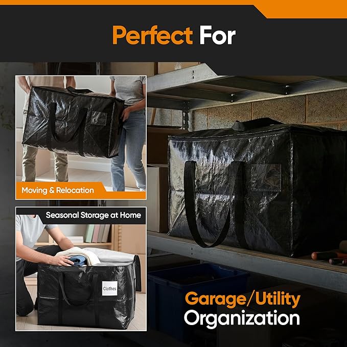 HOLDN’ STORAGE 10-Pack Moving Bags, Extra Large Storage Totes with Zipper Lids, Heavy-Duty Reusable for Clothes, Bedding, Books, 45 Gallons Each