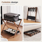 26.77" Full Assembled Luggage Rack for Guest Room, Set of 2 Bamboo Foldable Suitcase Stand, Bedroom & Hotel, Folding Luggage Holder with 5 Nylon Straps, 600D Oxford Fabric Shelf Walnut