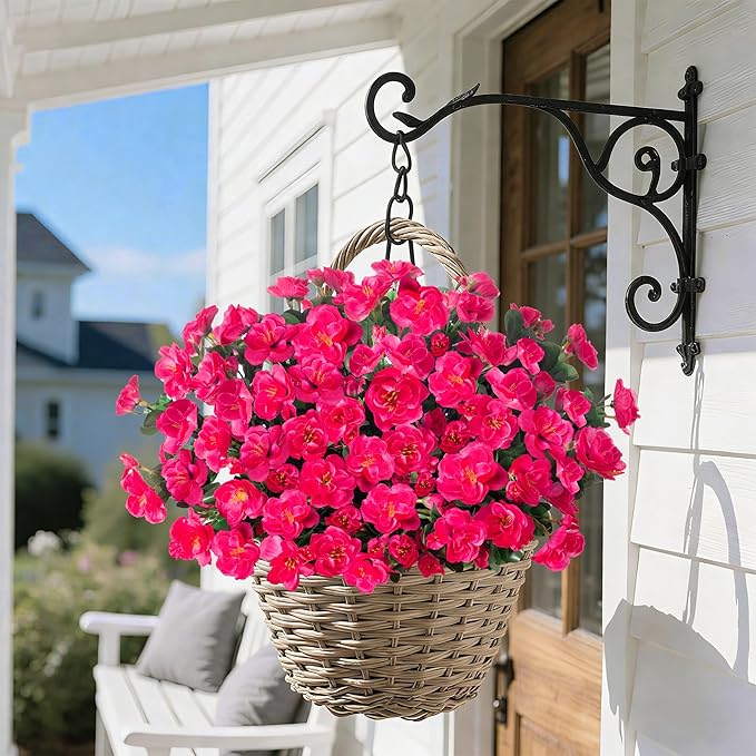 HyeFlora Artificial Faux Outdoor Flowers Plants for Spring Summer Decoration, Fake Silk Hotpink Camellia UV Resistant Look Real for Planter Outside Front Door Porch Patio Balcony, 3 Large Bundles
