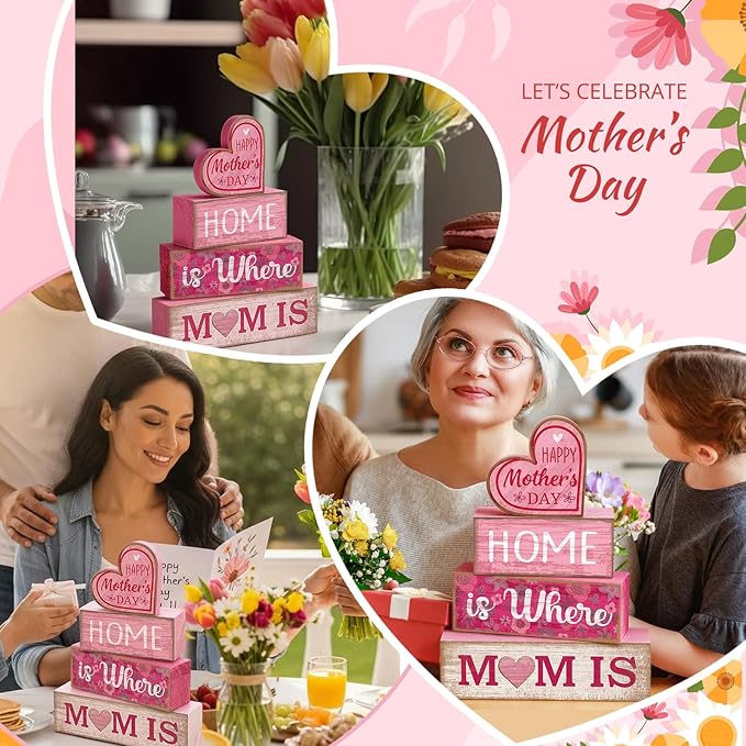 Lineshading 4 Pcs Mothers Day Table Decorations Wooden Pink Heart Decor Happy Mother's Centerpieces Gifts for Mom from Daughter Son Mothers Day Decorations for Home Shelf Indoor Party Decoration