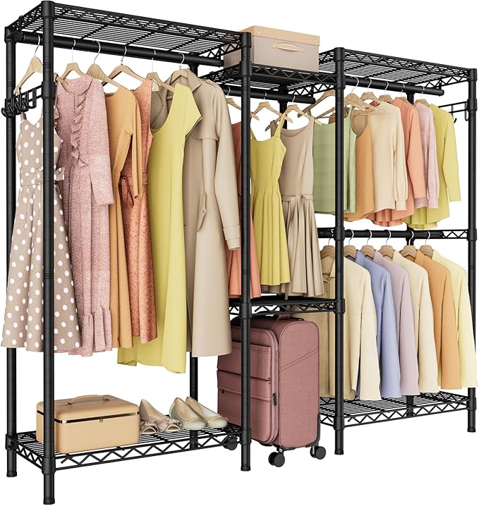 Heavy Duty Garment Rack Clothes Rack,Large Metal Closet Organizer System Storage Wardrobe,Freestanding Clothing Rack Black 15.75" D x 77.5" W x 77" H