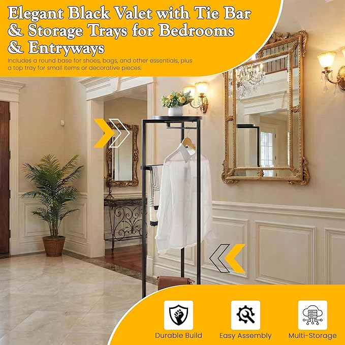 Kings Brand Furniture Suit Valet Stand, Coat Rack with Rods & Storage Trays - Tie Jacket Hanger, Freestanding Clothing Organizer Perfect for Bedrooms & Entryways, Black