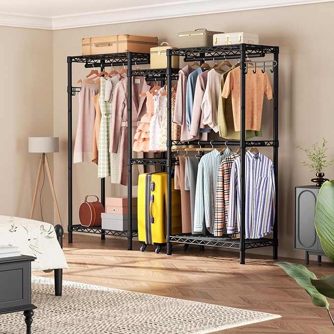 Heavy Duty Garment Rack Clothes Rack,Large Metal Closet Organizer System Storage Wardrobe,Freestanding Clothing Rack Black 15.75" D x 77.5" W x 77" H