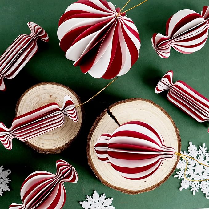 12Pcs Red and White Christmas Decorations, 3D Candy Paper Honeycomb Ornaments for Tree, Decorative Hanging Ornaments Craft Balls Honeycomb Lanterns for Xmas Tree New Year Holiday Party Home Decor