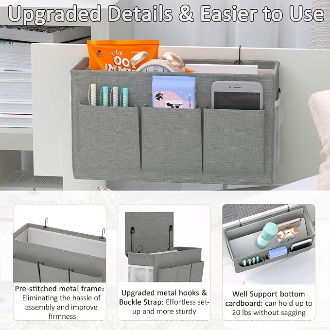Edudif Dual-purpose Bedside Caddy Bedside Organizer, Bed Caddy with 6 Pockets, Versatile Bedside Storage Solution Magazine Remotes holder, ideal for Home, Dorm, Hospital, Crib Bed
