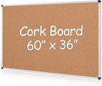 Extra Large Cork Bulletin Board 60" X 36", Silver Aluminum Framed 5'x3' Corkboard for Wall, Wall Mounted Notice Pin Board with 18 Push Pins for School, Home & Office