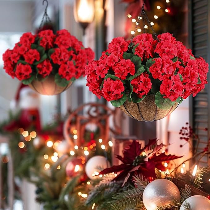 Hananona 2 Set Artificial Red Geraniums Flowers for Outdoors with Hanging Baskets, 2 Hanging Planters with 12 Pcs Red Geranium Flowers for Christmas Front Porch Garden Patio Home Decor (2, Red)