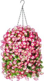 Artificial Faux Hanging Flowers Basket for Spring Summer Outdoor Porch Decor, Fake Silk Colorful Morning Glory Eucalyptus in Planter UV Resistant Look Real for Home Patio Balcony Yard(Pink)