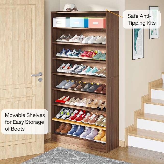 Tribesigns 2PCS Shoe Cabinet, 9 Tiers 40-45 Pairs Heavy Duty Wood Freestanding Shoe Storage Cabinet, 70.8'' Tall Shoe Cabinet with Open Storage for Entryway (Brown)