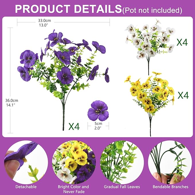 Artificial Fake Pansy Flowers for Outdoors, 12 Pcs Faux Silk Pansies Flower for Spring Summer Decoration, UV Resistant Fake Plants for Outside Planter Porch Yard Patio Home Decor(Purple Yellow White)
