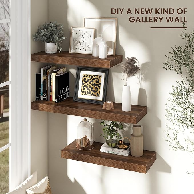 Venusmiles Floating Shelves for Wall, 30" W x 12" D x 2" H, 2 Pack of Long Wall Mounted Engineered Wood Shelves with Invisible Brackets for Living Room, Bedroom, Bathroom, Kitchen Decor, Walnut