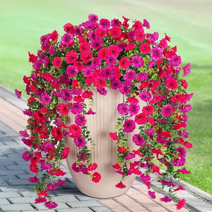 Artificial Hanging Petunias Flowers for Outdoor, 2pcs Fake Plants Long Vine Morning Glory Eucalyptus, UV Resistant Realistic Faux Greenery Outside Patio Porch Garden Spring Decor, Purple Hot Pink