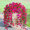 Artificial Hanging Petunias Flowers for Outdoor, 2pcs Fake Plants Long Vine Morning Glory Eucalyptus, UV Resistant Realistic Faux Greenery Outside Patio Porch Garden Spring Decor, Purple Hot Pink