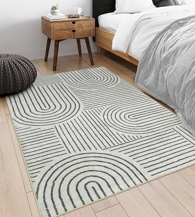 Lahome Abstract Bedroom Rug, Soft 4x6 Rug Ultra-Thin Washable Area Rugs for Living Room, Modern Black Rug Non-Slip Throw Carpet for Entryway Office Kitchen(4'x6',Black)