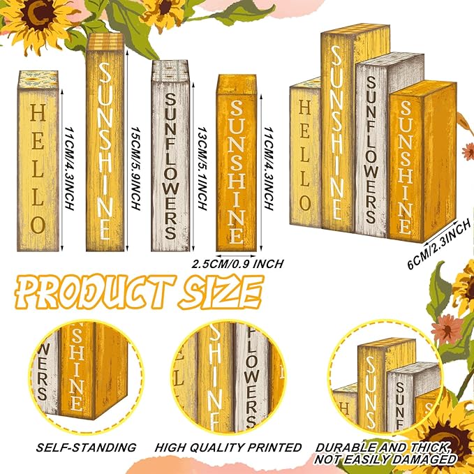 Lineshading 4 Pcs Summer Table Decoration Wooden Book Sunflower Decoration Yellow and White Summer Tiered Tray Decor Wood Book Sign Farmhouse for Home Shelf Coffee Table