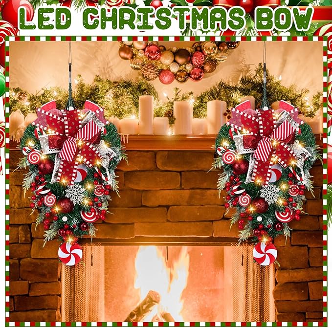 Lyrow 4 Pcs Cordless Prelit Christmas Artificial Swags 24" Xmas Stairway Swag Teardrop Trim Christmas Staircase Decoration Battery Operated Garland for Indoor Outdoor Railing Decor