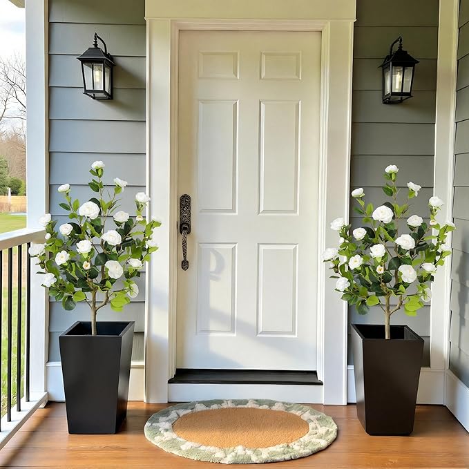 Bellacat 4ft Artificial Camellia Tree with Silk White Flowers, 48in Faux Camellia Plant with Lifelike Trunk, Fake Flower Tree Potted Front Door Plants for Porch Patio Deck Living Room Decor, 2Pack
