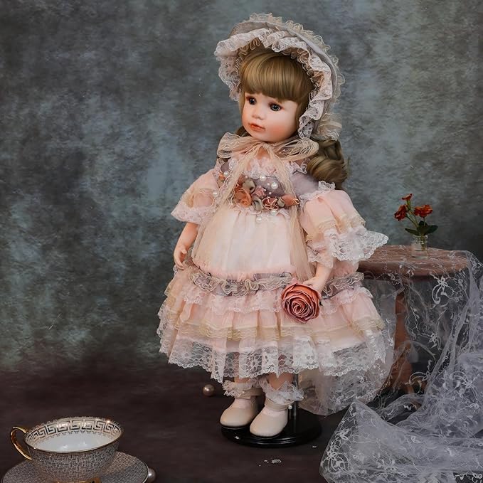 18 Inch Kawaii Porcelain ＆ Fabric Doll Cute European Retro Handmade Ceramic Doll with Showing Stand for Room Decor, Birthday Gifts, Collectible ，Name Olivier (Pink)