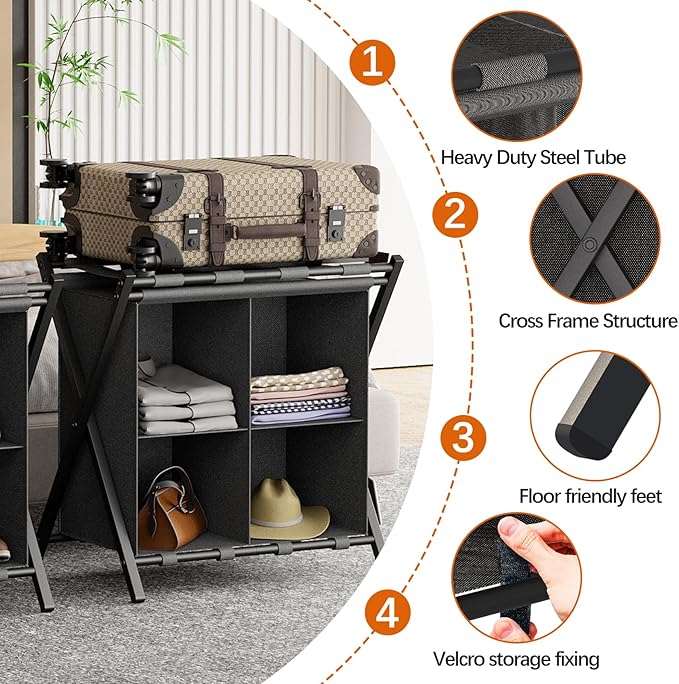 Luggage Rack for Guest Room, Folding Suitcase Stand with Fabric Storage Shelf, Luggage Holder, Steel Foldable Luggage Stand for Guest Room, Bedroom, Hotel, Black