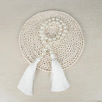 34 Inch Pearl Glass Bead Garland with Tassels - Elegant Boho Table Decor, Fringe Wall Hanging for Wedding, Party, Farmhouse Rustic Prayer Bead Home Decoration (White, 2 Pack)