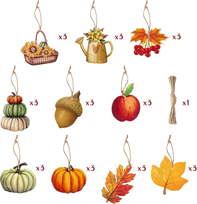 Haooryx 31Pcs Fall Autumn Wood Hanging Ornaments Autumn Wooden Pumpkin Maple Leaves Decorative Pendents for Thanksgiving Day Fall Harvest Party Favor Gift Tag Holiday Home Tree Decorations Supplies