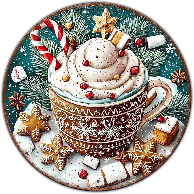 Vintage Round Metal Sign Christmas Coffee Cocoa Tin Sign Funny Wall Decor for Cafe Bar Plub Backyard Home Bedroom 12×12 Inch