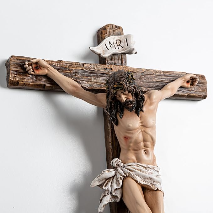 DevotedWalls Realistic Wall Crucifix,Lifelike Jesus Crucifixion Statue,12"H Resin Detailed Wood-looking Cross with Corpus,Hand Painted Jesue INRI Wall Cross for House,Catholic Gift Home Decor (Full Color）