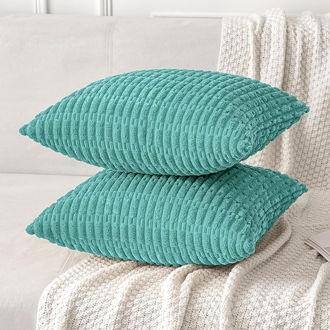 MIULEE Pack of 2 Corduroy Decorative Throw Pillow Covers 20x20 Inch Soft Boho Striped Pillow Covers Modern Farmhouse Home Decor for Summer Sofa Living Room Couch Bed Aqua Green