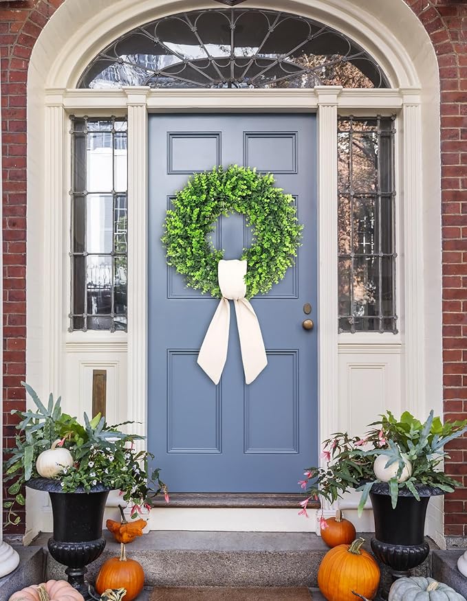 24-26'' Large Boxwood Wreath for Front Door, Porch, Window - Foldable Greenery Boxwood Wreaths for Farmhouse Wedding Indoor Outdoor Decor - Spring, Summer, Fall, All Seasons (with Sash)