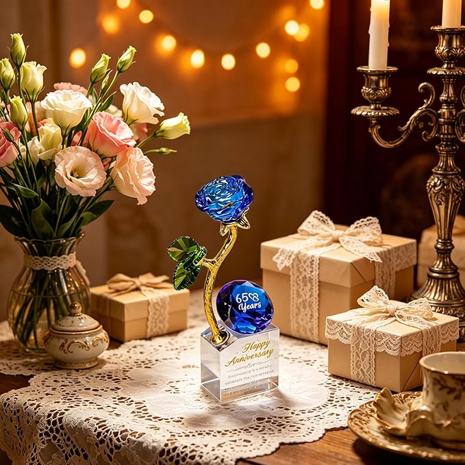 YWHL 65th Wedding Anniversary Rose Gifts for Parents Grandparents, 65 Years Happy for Couples, Crystal Rose Figurine with Blue Diamond, Romantic Valentines Day Present for Her Him