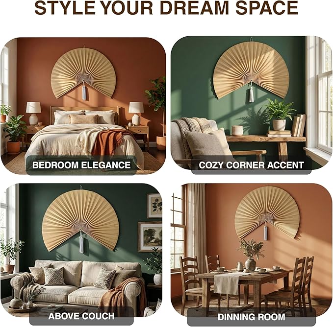 Chicvillage Big Fan Decor 47", Bamboo Wall Fan for Headboard, Japanese Wall Fan Handwoven Art, Large Aesthetic Hanging, Hook Included (Beige)