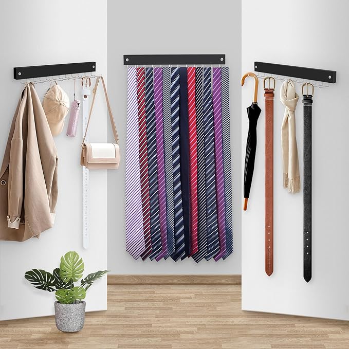 2 Pack Tie Organizer Belt Organizer Wall Mounted, Space Saving Tie Rack Belt Hanger for Closet with 24 Storage Hooks, Belt Tie Holder for Closet Organizer Storage（Black