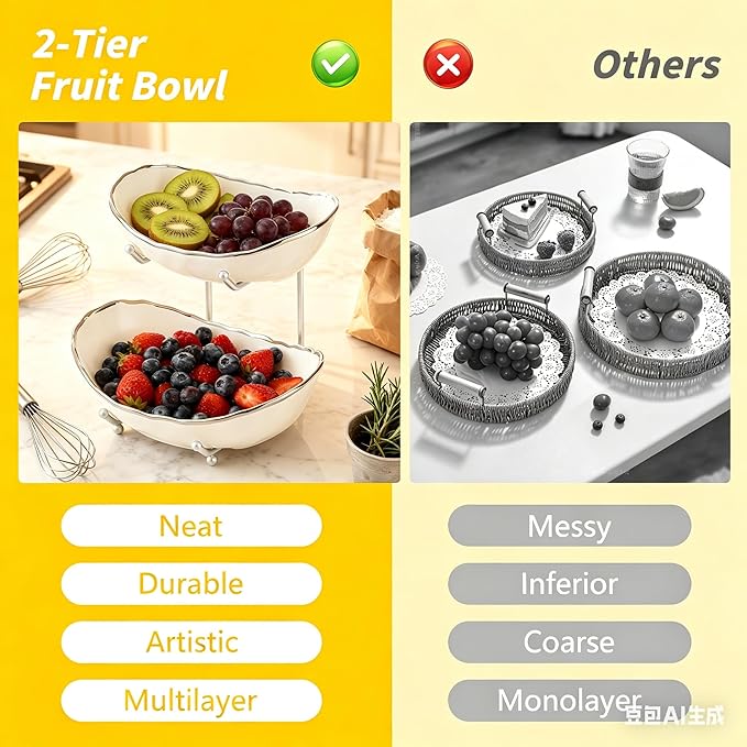 jessie 2 Tier Ceramic Fruit Bowl for Kitchen Counter with Metal Rack, Fruit Basket with Stand, Porcelain Bowls for Vegetable Bread Candy Snack Nuts Dessert Cake Tray (Silver 2 layer)