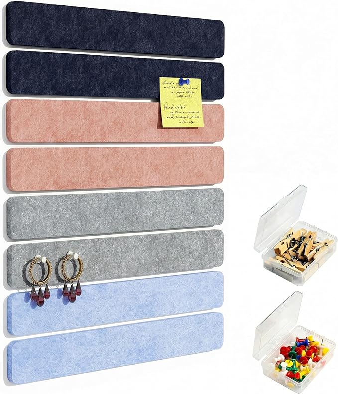Cork Board for Walls - 8 Pack Felt Pin Board Bar Strips - Self-Adhesive Lightweight Bulletin Board - Cork Board for Office with 40 Push Pins No Damage for Wall