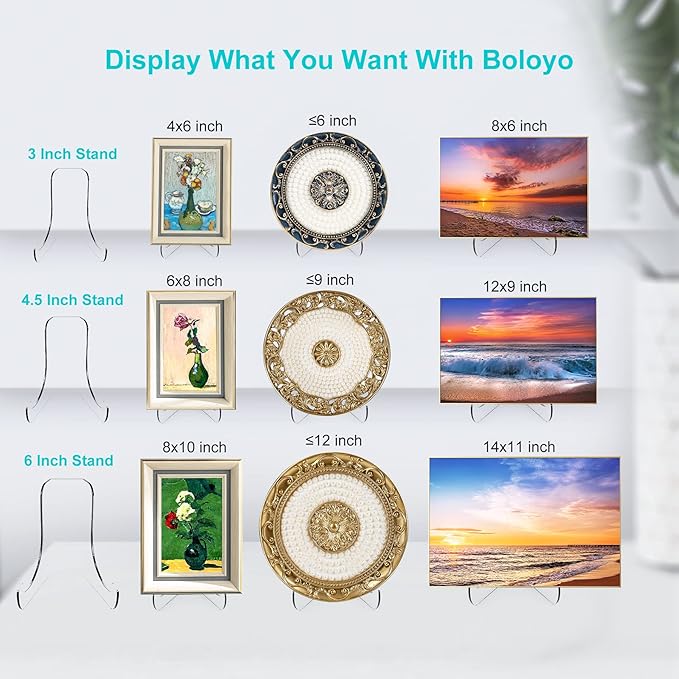 Boloyo Flat Back Acrylic Plate Display Stand , 4.5 Inch 5PC Clear Acrylic Display Holder Easel Base for Home Office Kitchen School Art Display