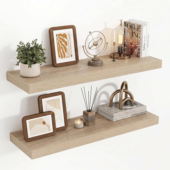 Acovy 32 Inch Floating Shelves, 3D Textured Wood Grain, 32"x9.25"x1.5" Inch Deep Floating Shelves for Wall, Wooden Shelves for Bathroom, Bedroom, Living Room, Vintage White Oak, 2 Pieces