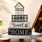 Moucuny 4 Pcs Farmhouse Wooden Tabletop Decor Sweet Home Tiered Tray Decor Rustic Retro Wood House Shaped Block Sign Housewarming Gifts Neutral Centerpiece Farmhouse Table Sign for Home Shelf Mantle