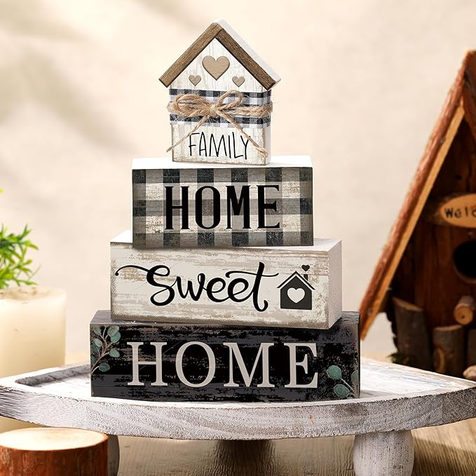Moucuny 4 Pcs Farmhouse Wooden Tabletop Decor Sweet Home Tiered Tray Decor Rustic Retro Wood House Shaped Block Sign Housewarming Gifts Neutral Centerpiece Farmhouse Table Sign for Home Shelf Mantle