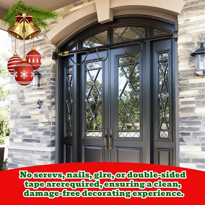 Adjustable Garland Hanger for Front Door - Fits 28" to 80" Doors, Wreath Holder Christmas, Halloween DecorationsNoScrews/Drilling Damage-Free InstallationGarland Door,with 3 Hooks Tension Rod ﻿