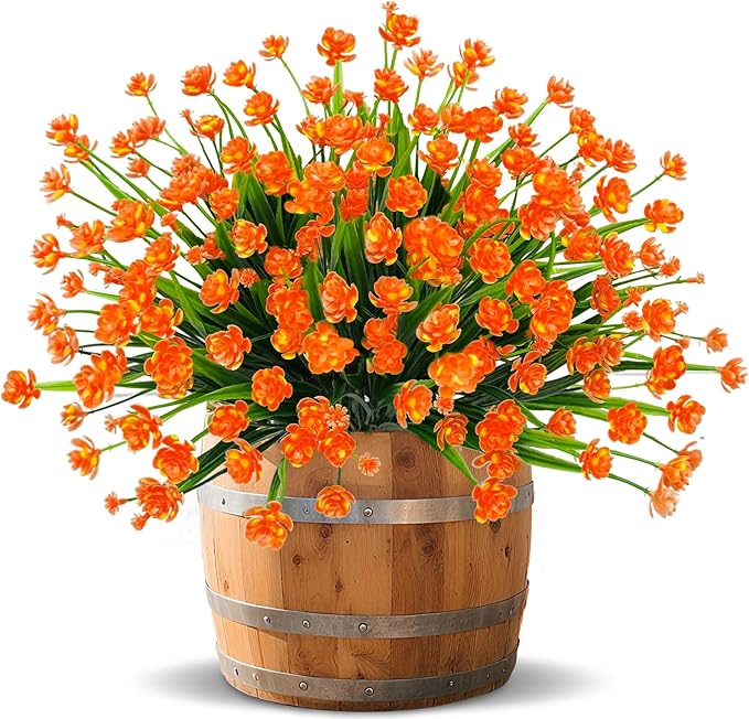 12 Bundles Artificial Flowers for Outdoors Spring Summer Decorations, UV Resistant Fake Mums Realistic Fake Plants Faux Plastic Flowers for Outdoor Indoor Home Gardens Porch Fall Decor(Orange Red)