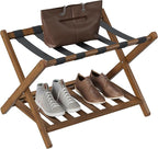 Smuxee Fully Assembled Black Walnut Luggage Rack, Upgraded Bamboo Foldable Suitcase Stand with 5 Nylon Straps, Luggage Holder with Shelf for Guest Room Bedroom Hotel