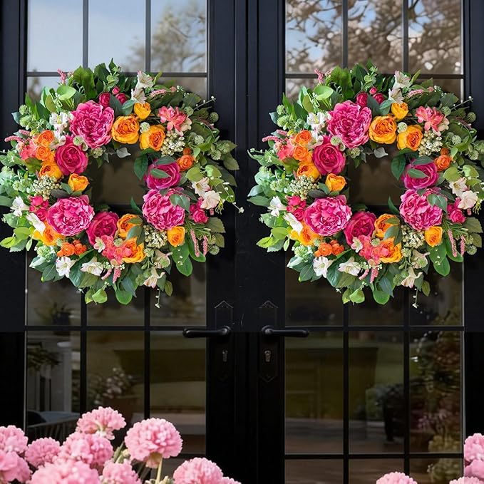 24 Inch Spring Wreaths for Front Door Outside,Handcrafted Garden Rose & Peony Style Summer Wreath with Pink,Orange Ivory Flowers- Lush Spring Door Wreath for Farmhouse Home Wall Porch Window