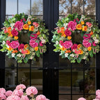 24 Inch Spring Wreaths for Front Door Outside,Handcrafted Garden Rose & Peony Style Summer Wreath with Pink,Orange Ivory Flowers- Lush Spring Door Wreath for Farmhouse Home Wall Porch Window