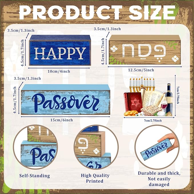 Lineshading 4 Pcs Happy Passover Table Decorations Wooden Menorah Table Centerpieces Pesach Jewish Holiday Party Passover Seder Meal Tabletop Topper Mantel Shelf Decor