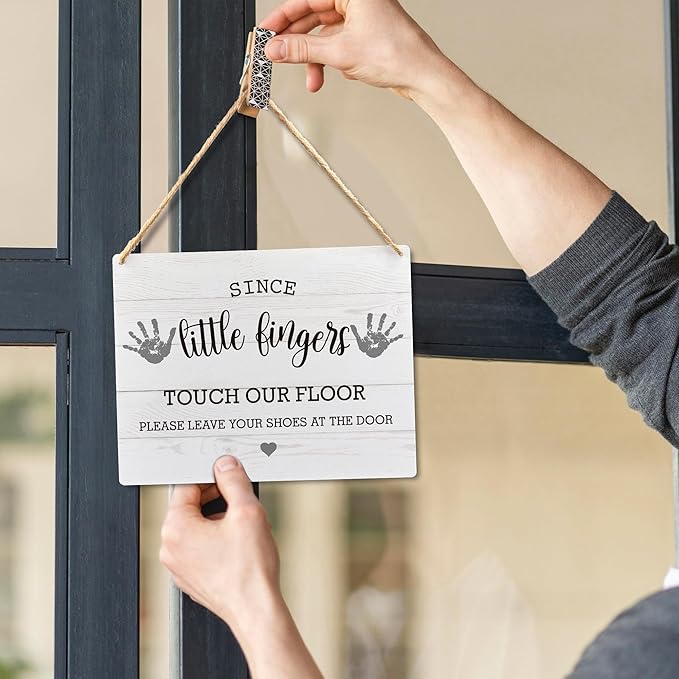 Lacosu Wall Pediments Shoes Off Sign,Since Little Fingers Touch Our Floor Please Take Your Shoes Off Hanging Welcome Sign for Outdoor,10x8 Inches