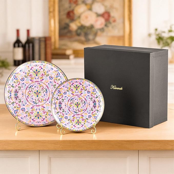 KAMMAK Decorative Plates Set for Display, Pink Ceramic Plate Decor with Stand, Handmade Vintage Porcelain Ornament for Table, Living Room, Kitchen, Office, Perfect Chinese Style Dish Gift (8in+10in)