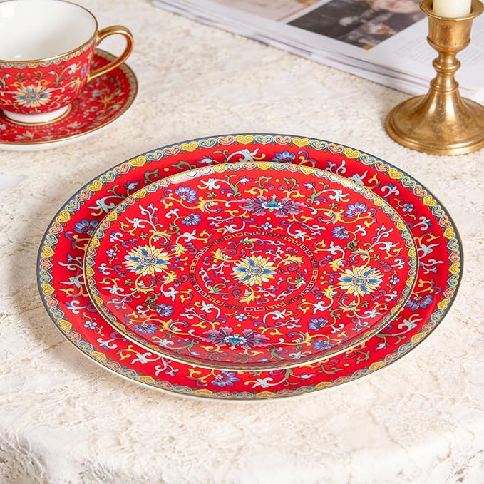 KAMMAK Decorative Plates Set for Display, Red Ceramic Plate Decor with Stand, Handmade Vintage Porcelain Ornament for Table, Living Room, Kitchen, Office, Perfect Chinese Style Dish Gift (8in+10in)