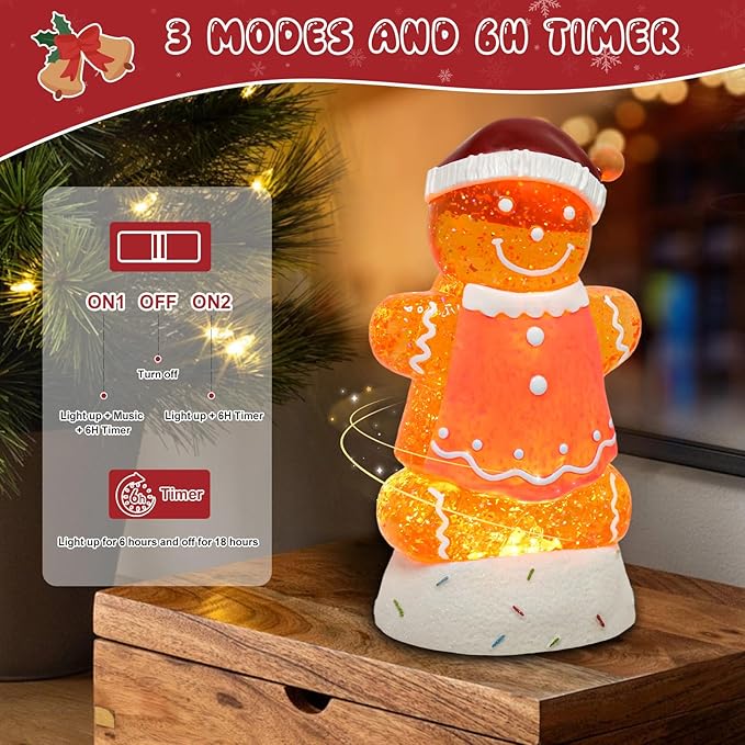 Gingerbread Christmas Snow Globe Lantern with 8 Music Songs & 6H Timer Water Snow Globe Lantern USB & Battery Operated for Christmas Festival Decorations Gifts (Pink Gingerbread)
